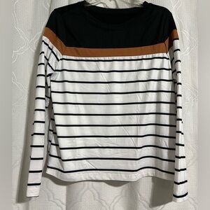 Women's Black & White Striped Long-Sleeve Top with Brown Accent Stripe ~ Size L